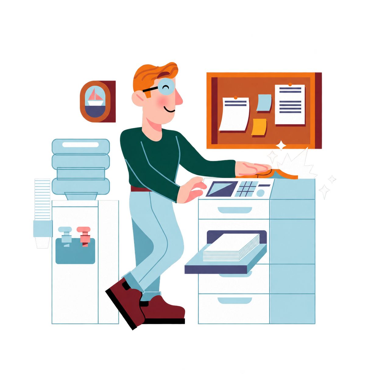 A cheerful technician working on an office copier